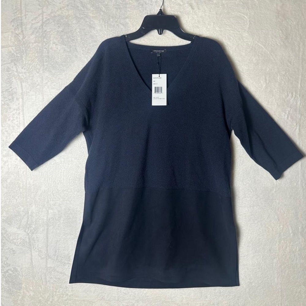 NWT Lafayette 148 Wool/Cashmere Navy Blue VNeck 3/4 Sleeves Tunic Top Size Small